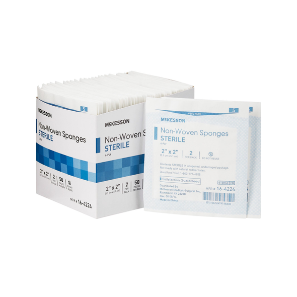 McKesson Nonwoven Sponge Gauze 2 x 2'', 4-Ply, Sterile – 2 per Pack – Sample Pack of 50