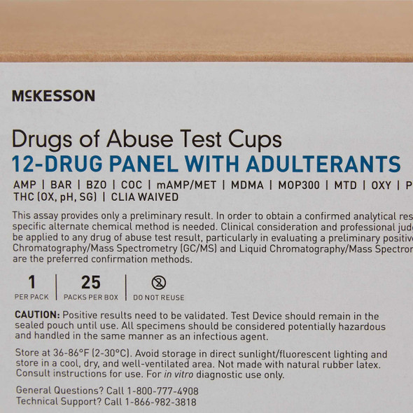 Drugs of Abuse Test McKesson 12-Drug Panel with Adulterants AMP BAR BZO COC mAMP/MET MDMA MOP300 MTD OXY PCP TCA THC OX pH SG Urine Sample 25 Tests 16-5125A3 Case/100 H3564 MCK BRAND 1101520_CS