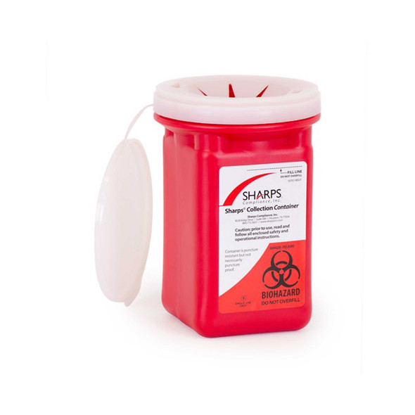 Mailback Sharps Container Sharps Recovery System 4-1/2 L X 4-1/2 W X 7 H Inch 1 Quart Red Base / Translucent Lid Vertical Entry Snap On Lid 10100-012 Case/12 80302EN Sharps Compliance 639110_CS
