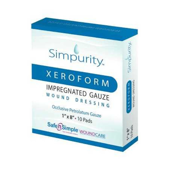 Xeroform Impregnated Dressing Simpurity 1 X 8 Inch Gauze Antimicrobial Petrolatum Blend Sterile SNS58818 Box/10 62885 Safe N Simple 1153706_BX