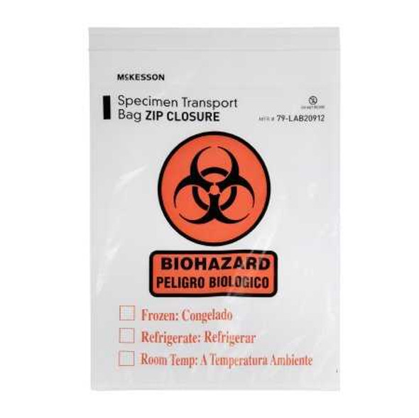 Specimen Transport Bag with Document Pouch McKesson 9 X 12 Inch LDPE Zip Closure Biohazard Symbol / Storage Instructions NonSterile 79-LAB20912 Case/10 11-0320-6-06060 MCK BRAND 529909_CS