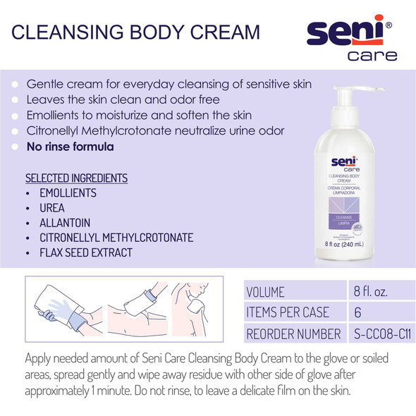 Rinse-Free Body Wash SeniCare Cream 8 oz. Pump Bottle Light Scent S-CC08-C11 Each/1 TT525-1 TZMO USA Inc 1163814_EA