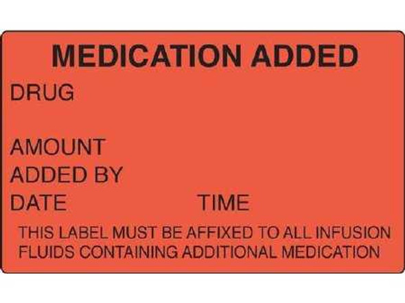 Pre-Printed Label Shamrock Anesthesia Label Fluorescent Red MEDICATION ADDED / DRUG / AMOUNT / ADDED BY / DATE TIME / THIS LABEL MUST BE AFFIXED TO ALL INFUSION / FLUIDS CONTAINING ADDITIONAL MEDICATION Black Medication Instruction 1-1/2 X 2-1/2 Inch 146-RTL10306 Shamrock Scientific 296574_RL