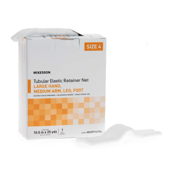 Elastic Net Retainer Dressing McKesson Tubular Elastic 10-1/2 Inch X 25 Yard 26.7 cm X 22.9 m Size 4 White Large Hand / Medium Arm / Leg / Foot NonSterile MSVP114704 Case/10 Jun-63 MCK BRAND 1113348_CS