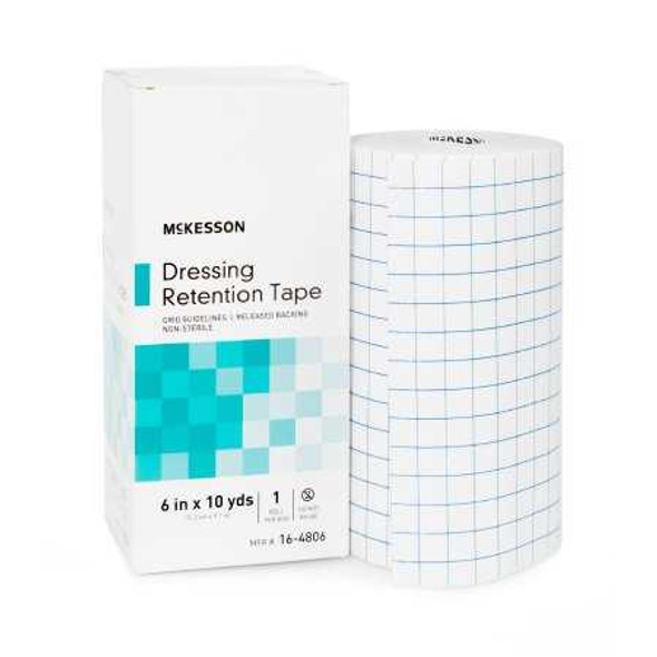 Dressing Retention Tape McKesson Water Resistant Nonwoven Fabric / Printed Release Paper 6 Inch X 10 Yard White NonSterile 16-4806 Case/12 20038 MCK BRAND 1087973_CS