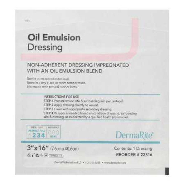 Oil Emulsion Impregnated Dressing DermaRite 3 X 16 Inch Mesh Gauze Oil Emulsion Blend Sterile 22316 Box/36 PWC-511 DermaRite Industries 1123831_BX