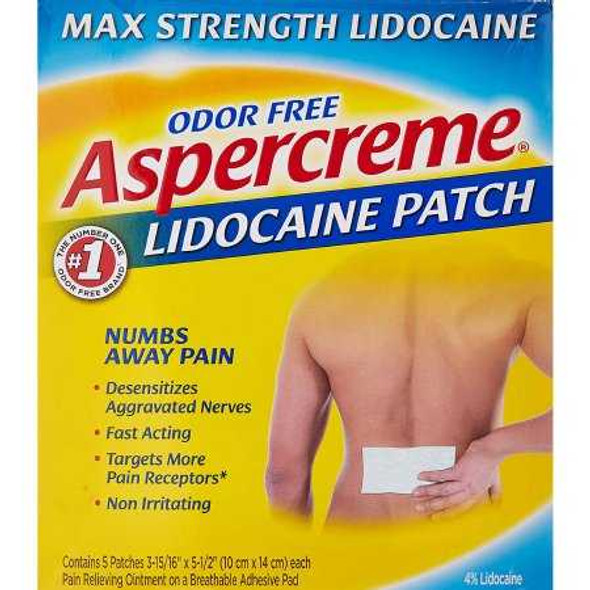 Topical Pain Relief Aspercreme4% Strength Lidocaine Patch 5 per Box 04116705840 Box/5 11-0610-9-00000 Aventis Pharmaceuticals 1093076_BX