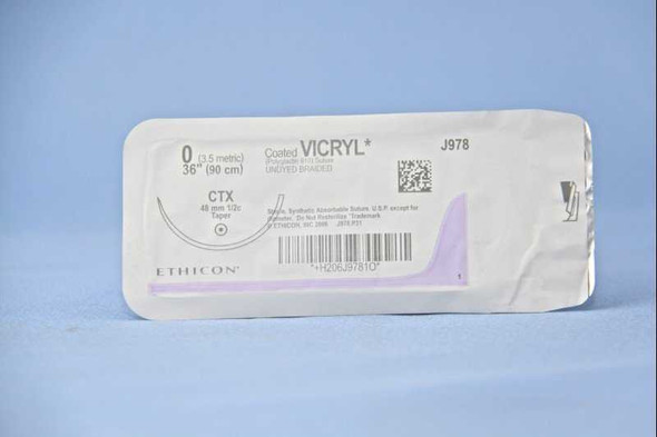 Suture with Needle Coated Vicryl Absorbable Coated Undyed Suture Braided Polyglactin 910 Size 0 36 Inch Suture 1-Needle 48 mm Length 1/2 Circle Taper Point Needle J978H Dozen/12 562015 J & J Healthcare Systems 142738_DZ
