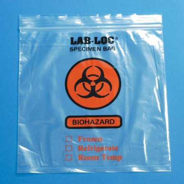 Specimen Transport Bag with Document Pouch Lab-Loc 8 X 10 Inch LDPE Zip Closure Biohazard Symbol / Storage Instructions NonSterile LAB20810 Each/1 3076818565 Elkay Plastics 630986_EA