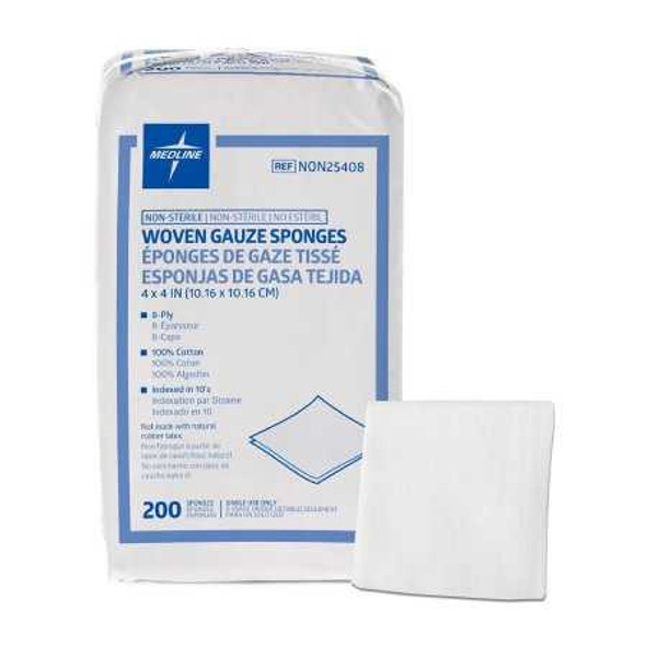 Gauze Sponge Cotton 8-Ply 4 X 4 Inch Square NonSterile NON25408 Pack/200 16-9570 MEDLINE 747242_PK