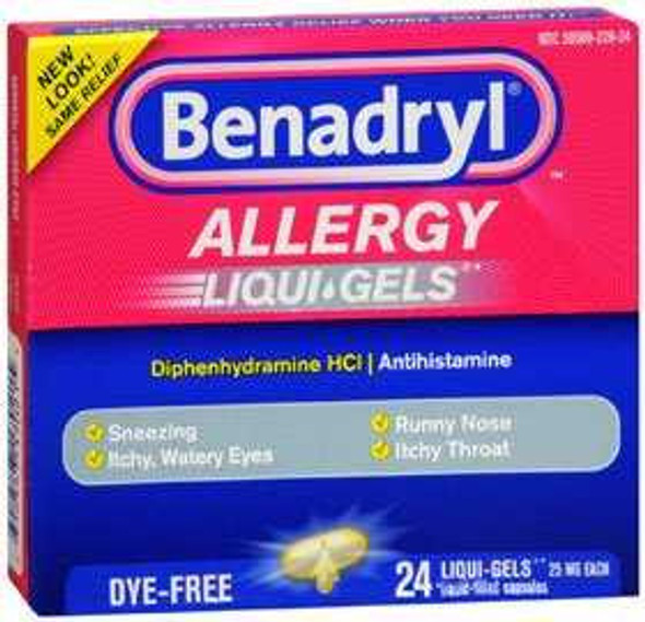 Allergy Relief Benadryl 25 mg Strength Gelcap 24 per Box 10312547170212 Box/1 16-40224 Johnson & Johnson Consumer 697285_BX