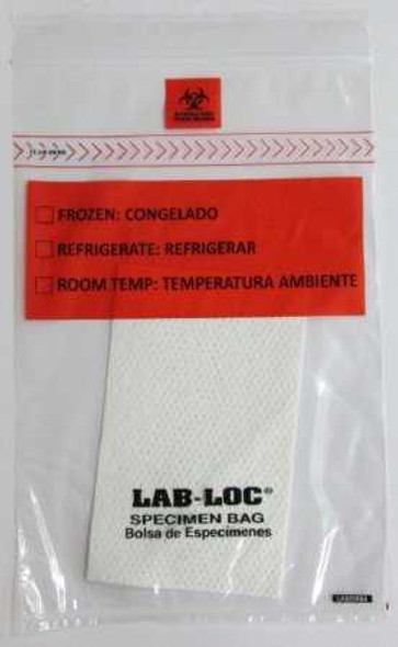 Specimen Transport Bag with Document Pouch and Absorbent Pad Lab-Loc6 X 9 Inch LDPE Zip Closure Biohazard Symbol / Storage Instructions NonSterile LABZ69BA Pack/100 53431 Elkay Plastics 978542_PK