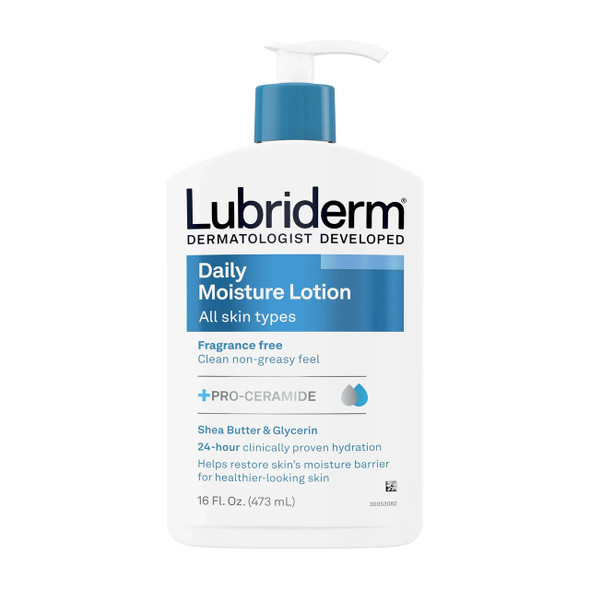 Daily Moisture Lotion Lubriderm® 16 oz. Pump Bottle Unscented Lotion CHG Compatible 00052800483231 Case of 12