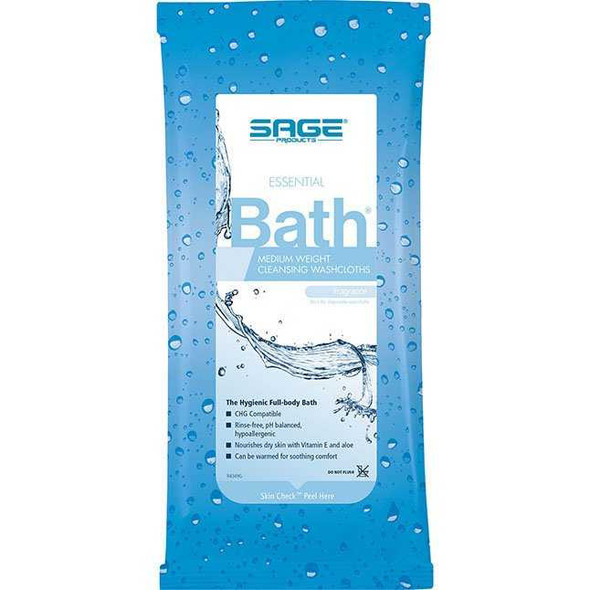 Rinse-Free Bath Wipe Essential Bath Soft Pack Purified Water / Methylpropanediol / Glycerin / Aloe Unscented 5 Count 7856 Case/84 909150 Sage Products 468557_CS