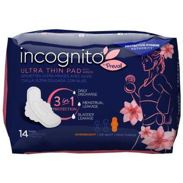 Feminine Pad incognito by Prevail Ultra Thin with Wings / Overnight Heavy Absorbency PVH-414 Bag/14 MASK First Quality 1184036_BG