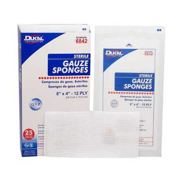 Gauze Sponge Dukal Cotton 12-Ply 4 X 8 Inch Rectangle Sterile 6842 Case/500 53-FC5 Dukal 1029665_CS