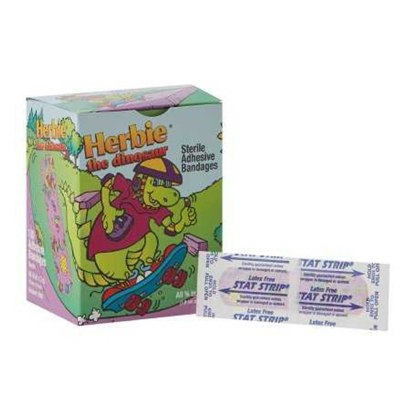 Adhesive Strip AmericanWhite Cross Stat Strip3/4 X 3 Inch Plastic Rectangle Kid Design Herbie the Dinosaur Sterile 15601 Case/1200 526080 Dukal 296236_CS