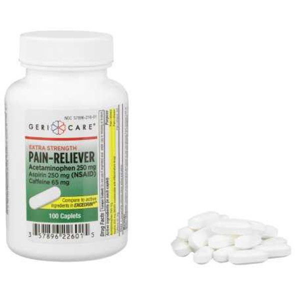 Pain Relief McKesson Brand 250 mg - 250 mg - 65 mg Strength Acetaminophen / Aspirin / Caffeine Caplet 100 per Bottle 226-01-GCP Case/1200 28600-5 MCK BRAND 868383_CS