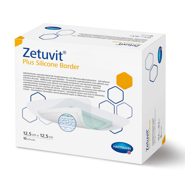 Super Absorbent Dressing ZetuvitPlus Silicone Border Silicone / Cellulose / Super Absorbent Polymer 4 X 4 Inch Sterile 413119 Each/1 15661 Hartmann 1181530_EA