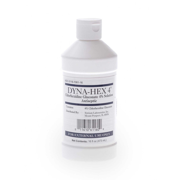 Surgical Scrub Solution Dyna-Hex 4® 16 oz. Bottle 4% Strength CHG (Chlorhexidine Gluconate) NonSterile 1061DYN16MED Case of 12 HCR62STB Dyna-Hex 4® 553879_CS