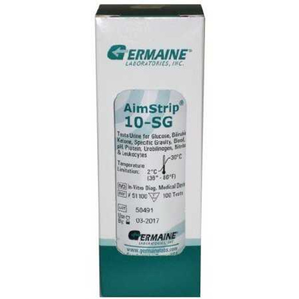 Reagent AimStrip General Chemistry Glucose Bilirubin Ketone Specific Gravity Blood pH Protein Urobilinogen Nitrite Leukocytes For AimStrip Urine Analyzer 100 Tests 51100 Each/1 412011 Germaine Laboratories Inc 907700_EA