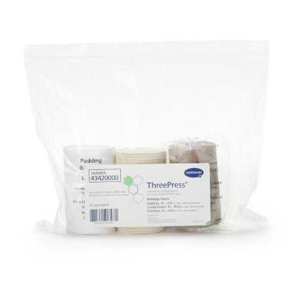 3 Layer Compression Bandage System ThreePress 4 Inch X 4-3/10 Yard / 4 Inch X 9-3/5 Yard / 4 X 6-1/2 Yard 35 to 40 mmHg Self-adherent Closure Tan / White NonSterile 43420000 Case/8 FGA71800 0000 Hartmann 683388_CS