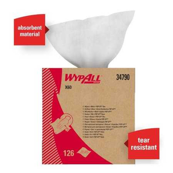 Task Wipe WypAllX60 Light Duty White NonSterile Cellulose / Polypropylene 9-1/10 X 16-4/5 Inch Reusable 34790 Box/126 551-01-GCP Kimberly Clark 444098_BX