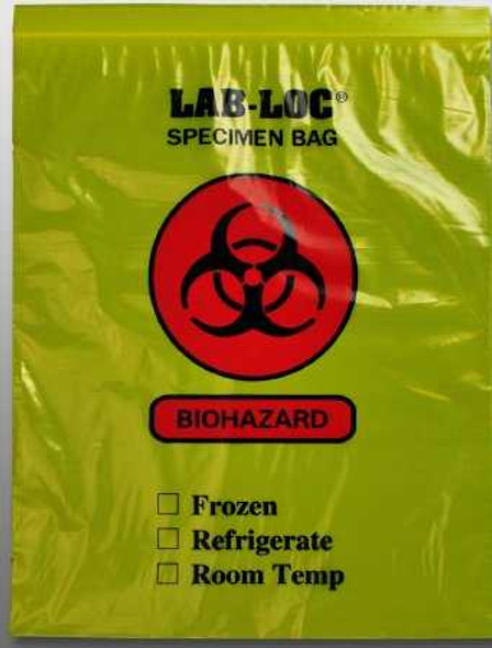 Specimen Transport Bag Lab-Loc 12 X 15 Inch LDPE Zip Closure Biohazard Symbol / Storage Instructions NonSterile LAB221215YE Case/1000 27-4200-B Elkay Plastics 978562_CS