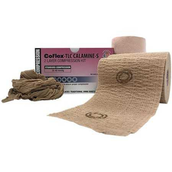 2 Layer Compression Bandage System CoFlexTLC Calamine with Indicators 4 Inch X 6 Yard / 4 Inch X 7 Yard 35 to 40 mmHg Self-adherent / Pull On Closure Tan NonSterile 8840UBC-SC Box/2 HDC-9B 18X18 Andover Coated Products 1087840_BX