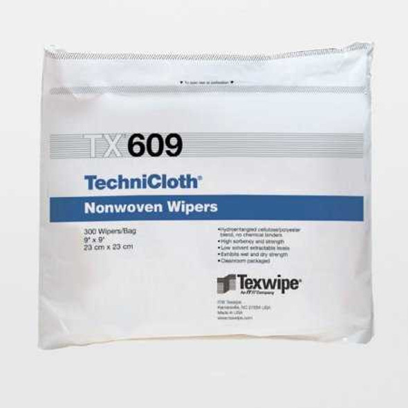 Cleanroom Wipe TechniCloth® ISO Class 5 - 8 White NonSterile 45% Polyester / 55% Cellulose Nonwoven 9 x 9 Inch Disposable TX609 Bag of 300 8316 TechniCloth® 1137881_BG