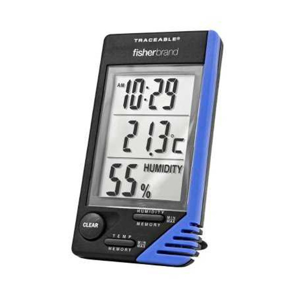 Thermometer / Clock / Humidity Monitor Fisherbrand™ Traceable® Fahrenheit / Celsius 32° to 122°F (0° to 50°C) Internal Sensor Flip-out Stand / Wall Mount Battery Operated 066624 Pack of 1 51493 Fisherbrand™ Traceable® 482112_EA