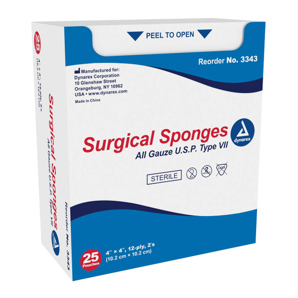 Gauze Sponge Dynarex® 4 x 4 Inch 2 per Pack Sterile 12-Ply Square 3343 Box of 1 3343 Dynarex® 583393_BX