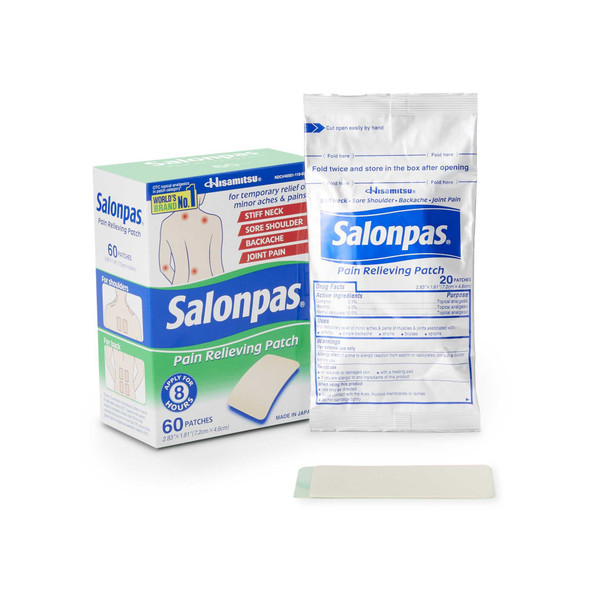 Topical Pain Relief Salonpas® 3.1% - 6% - 10% Strength Camphor / Menthol / Methyl Salicylate Patch 60 per Box 46581011060 Box of 60 46581011060 Salonpas® 1088319_BX
