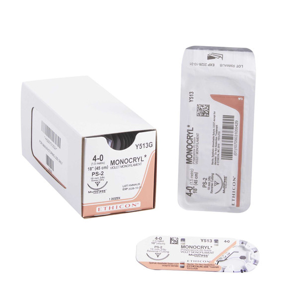 Absorbable Suture with Needle Monocryl™ Poliglecaprone PS-2 3/8 Circle Precision Reverse Cutting Needle Size 4 - 0 Monofilament Y513G Box of 12 Y513G Monocryl™ 331982_BX