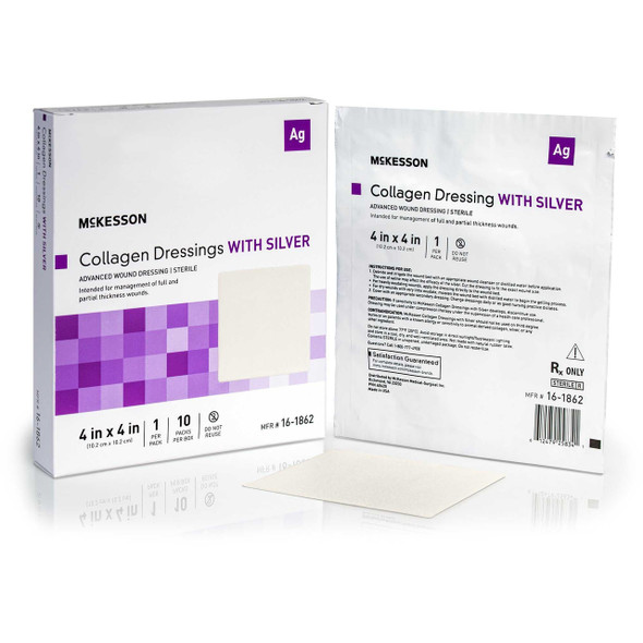 Silver Collagen Dressing McKesson 4 x 4 Inch Square Sterile 16-1862 Case of 100 16-1862 McKesson 1172342_CS