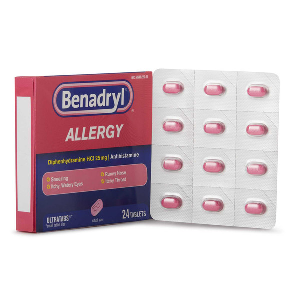 Benadryl Allergy Relief Diphenhydramine HCl 25 mg Strength, Small-size Tabs, 24 Tablets per Box, One Box 50580022651 Benadryl® 825634_CT