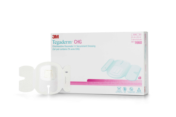 I.V. Dressing with CHG 3M™ Tegaderm™ CHG (Chlorhexidine Gluconate) / Film 2-3/4 x 3.375 Inch Sterile 1660 Case of 100 1660 3M™ Tegaderm™ 713482_CS