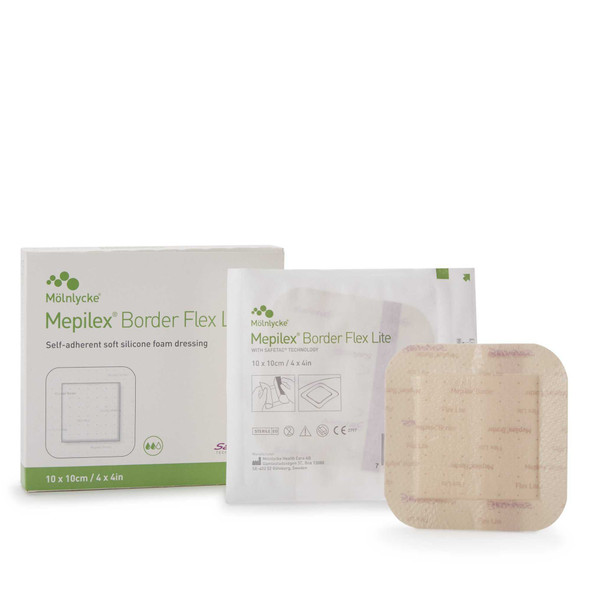 Thin Foam Dressing Mepilex® Border Flex Lite 4 x 4 Inch With Border Film Backing Silicone Adhesive Square Sterile 581300 Box of 5 581300 Mepilex® Border Flex Lite 1195997_BX