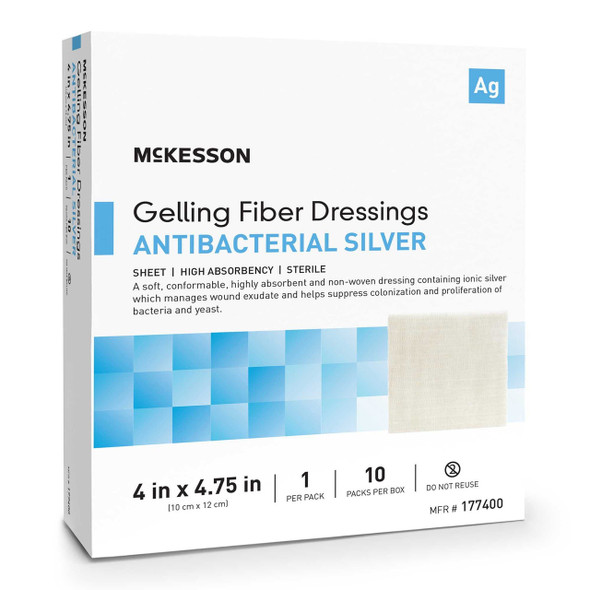 Silver Gelling Fiber Dressing McKesson 4 x 4-3/4 Inch Rectangle Sterile 177400 Pack of 1 177400 McKesson 1162306_EA