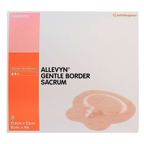 Foam Dressing Allevyn Gentle Border 8-1/2 x 9 Inch With Border Film Backing Silicone Gel Adhesive Sacral Sterile 66801031 Case of 60 66801031 Allevyn Gentle Border 831048_CS