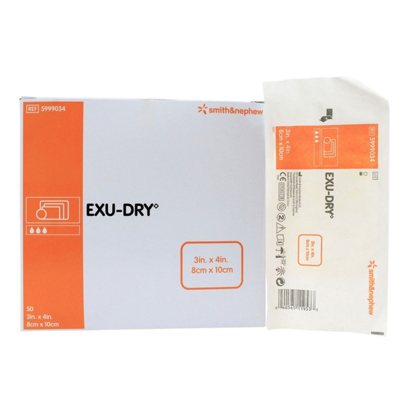 Super Absorbent Dressing EXU-DRY Anti-Shear 3 X 4 Inch Polyethylene / Rayon / Cellulose Rectangle Sterile - Case/100