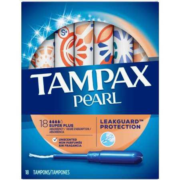 Tampon Tampax® Pearl Super Plus Absorbency Plastic Applicator Individually Wrapped 07301047905 Box of 18 7301047905 Tampax® Pearl 1186119_BX