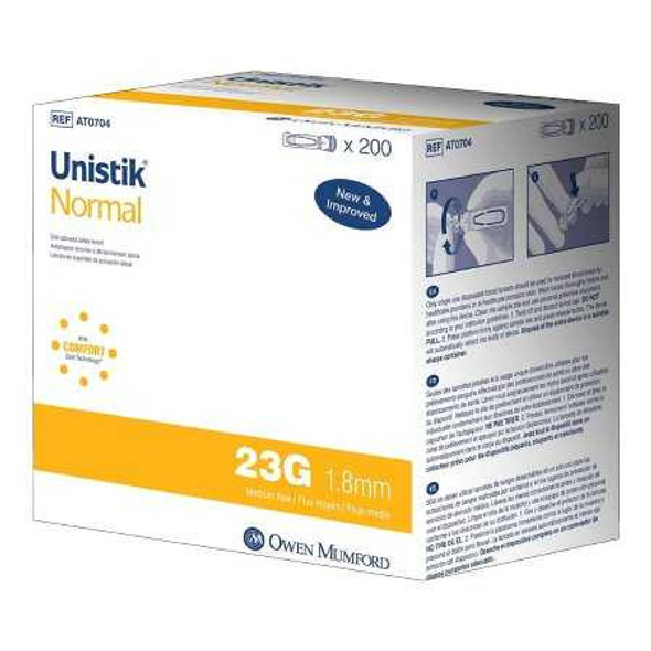 Safety Lancet Unistik 2 23 Gauge Retractable Push Button Activation Finger AT 0704 Box of 200 Unistik 2 1199763_BX