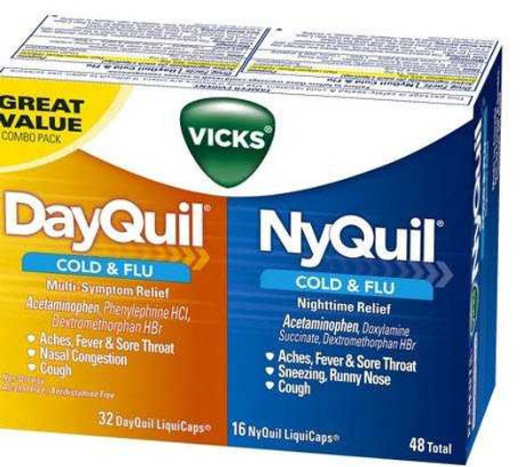 Cold and Cough Relief DayQuil® Nyquil® Combo Pack 325 mg - 10 mg - 5 mg Strength and 325 mg - 15 mg - 6.25 mg Strength Gelcap 48 per Box 32390001452 Carton of 48 32390001452 DayQuil® Nyquil® Combo Pack 829814_CT