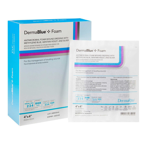 Silver Foam Dressing DermaBlue+™ Foam 4 x 4 Inch Square Sterile 76040414 Pack of 1 76040414 DermaBlue+™ Foam 984138_EA