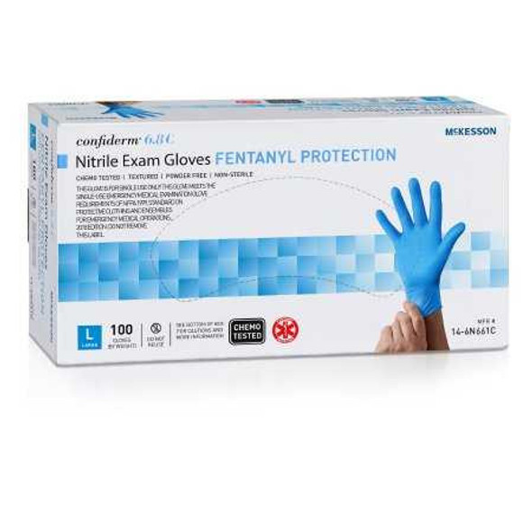 Exam Glove McKesson Confiderm® 6.8C Large NonSterile Nitrile Standard Cuff Length Fully Textured Blue Chemo Tested / Fentanyl Tested 14-6N661C Box of 100 14-6N661C McKesson Confiderm® 6.8C 1225750_BX