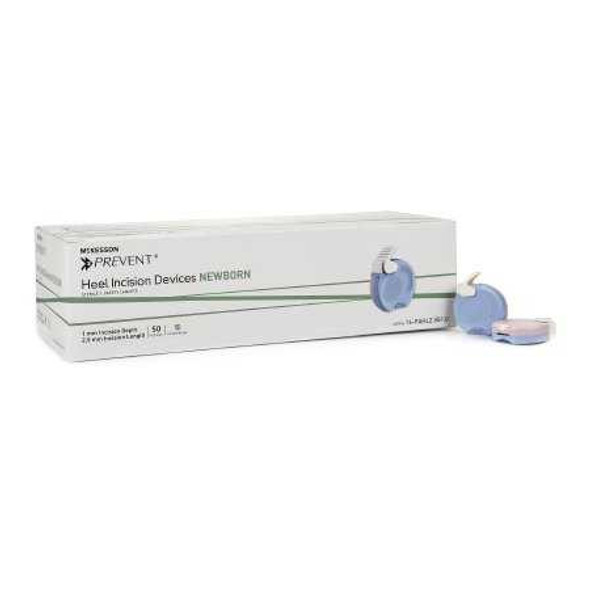 Pediatric Lancet McKesson 2.5 mm Blade Retractable Push Button Activation Heel 16-PAHL2.5G1.0X Box of 50 16-PAHL2.5G1.0X McKesson 1217980_BX