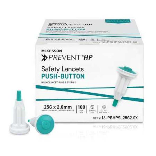 Safety Lancet McKesson Prevent® HP 25 Gauge Retractable Push Button Activation Finger 16-PBHPSL25G2.0X Box of 100 16-PBHPSL25G2.0X McKesson Prevent® HP 1217986_BX