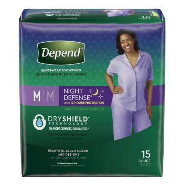 Female Adult Absorbent Underwear Depend® Night Defense® Pull On with Tear Away Seams Medium Disposable Heavy Absorbency 51703 Pack of 15 51703 Depend® Night Defense® 1163806_PK