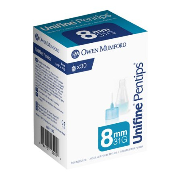 Standard Insulin Pen Needle Unifine® Pentips® 31 Gauge 8 mm Length NonSafety AN 1130 Box/30
